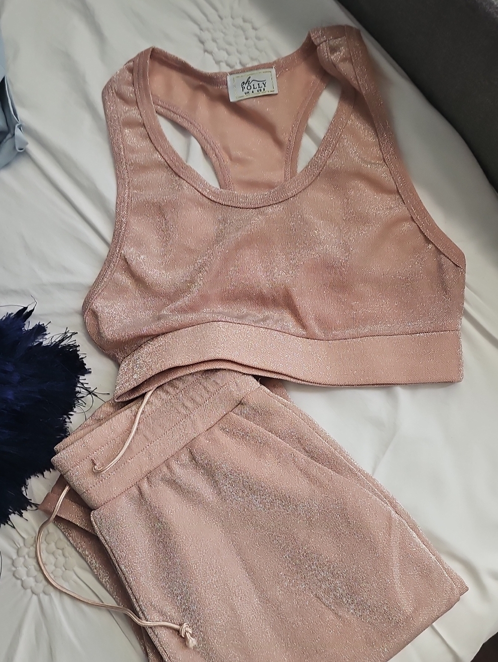 NWOT Oh Polly Blush Pink Shimmer Sports Bra & Pant Set